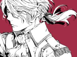 Rule 34 | 1boy, ascot, bad drawr id, bad id, closed mouth, epaulettes, greyscale with colored background, hair between eyes, hair ribbon, long hair, low ponytail, male focus, meiriel, monochrome, oekaki, original, ponytail, portrait, red background, ribbon, simple background, solo