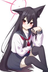 Rule 34 | 1girl, absurdres, animal ears, blue archive, flat chest, fox ears, halo, highres, red eyes, school uniform, serafuku, shirt, simple background, sitting, smile, solo, white shirt, yukino (blue archive)