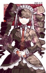 Rule 34 | 1girl, black hair, black jacket, black nails, blunt bangs, bonnet, celestia ludenberg, closed mouth, commentary request, cowboy shot, danganronpa: trigger happy havoc, danganronpa (series), dated, dress, drill hair, earrings, frills, gothic lolita, half-closed eyes, happy birthday, jacket, jewelry, kiri (2htkz), layered dress, lolita fashion, long hair, long sleeves, looking at viewer, looking back, nail polish, necktie, own hands together, print necktie, print neckwear, red background, red eyes, red necktie, shirt, smile, solo, twin drills, twintails, white background, white shirt