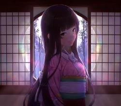 Rule 34 | 1girl, bamboo, bamboo forest, black hair, blunt bangs, blush, bow, bowtie, brown eyes, closed mouth, collarbone, collared dress, commentary, dress, english commentary, forest, from side, full moon, highres, hime cut, houraisan kaguya, indoors, japanese clothes, kimono, kureihii, lace-trimmed collar, lace trim, long hair, long sleeves, looking at viewer, moon, nature, night, night sky, obi, red skirt, sash, sidelocks, skirt, sky, sliding doors, smile, solo, touhou, twitter username, very long hair, white bow, white bowtie, wing collar