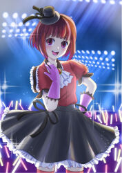 Rule 34 | 1girl, arima kana, artist request, black hat, black ribbon, black skirt, bob cut, gloves, hat, hat ribbon, idol, idol clothes, inverted bob, open mouth, oshi no ko, pink gloves, red eyes, red hair, red shirt, ribbon, shirt, short hair, skirt, smile, solo, stage, stage lights