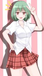 Rule 34 | 1girl, bad id, bad pixiv id, breasts, cleavage, collarbone, commentary, green hair, highres, kazami yuuka, large breasts, open mouth, red eyes, shirt, short sleeves, skirt, smile, solo, touhou, v, wendell