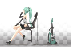 Rule 34 | 1girl, adapted costume, alternate hairstyle, bare shoulders, cellphone, chair, checkered background, checkered floor, elbow gloves, electric guitar, fingerless gloves, floor, gloves, green eyes, green hair, guitar, hatsune miku, high heels, instrument, long hair, matching hair/eyes, nanaku teiru, phone, ponytail, shoes, sitting, solo, vocaloid