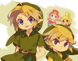 Rule 34 | 2boys, 2girls, :d, ahoge, arms behind back, artist name, bandana, belt, belt buckle, black eyes, blonde hair, blue eyes, blue jacket, blush, brown belt, buckle, closed mouth, collared shirt, commentary request, dress, dual persona, green background, green headwear, green shirt, green tunic, hat, highres, jacket, layered sleeves, link, long sleeves, looking at viewer, multiple boys, multiple girls, nintendo, open mouth, parted bangs, pointy ears, princess zelda, red bandana, shirt, short hair, short over long sleeves, short sleeves, sidelocks, simple background, sleeveless, sleeveless jacket, smile, smirk, tan, tetra, the legend of zelda, the legend of zelda: ocarina of time, the legend of zelda: the wind waker, tokuura, toon link, triforce, tunic, twitter username, v-shaped eyebrows, white background, white headwear, young link, young zelda
