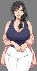 Rule 34 | (zenpen) kanojo no mama no yuiko-san, 1girl, :d, bare shoulders, black hair, botamochi, botamochi (botamochioishii), breasts, cardigan, cleavage, commentary request, earrings, grey background, hair between eyes, highres, jewelry, large breasts, long hair, looking at viewer, low-tied long hair, mature female, mole, mole under eye, off shoulder, open mouth, original, own hands together, pants, pink cardigan, purple eyes, ring, shirt, sleeveless, sleeveless shirt, smile, solo, standing, wedding band, white pants