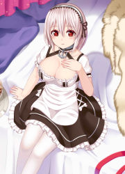 Rule 34 | 1girl, azur lane, bad id, bad pixiv id, bed sheet, blush, breasts, brown skirt, cleavage, closed mouth, collarbone, commentary, food, frilled skirt, frills, hair between eyes, hand on own chest, large breasts, light brown hair, looking at viewer, on bed, pantyhose, pillow, pocky, puffy short sleeves, puffy sleeves, red eyes, red ribbon, revision, ribbon, shirt, short sleeves, sirius (azur lane), sitting, skirt, smile, solo, tray, tukino neru, white pantyhose, white shirt