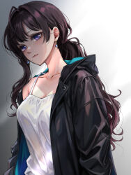 Rule 34 | 1girl, ahoge, black hair, black jacket, breasts, camisole, earrings, expressionless, ichinose shiki, idolmaster, idolmaster cinderella girls, idolmaster cinderella girls starlight stage, jacket, jewelry, long hair, looking to the side, medium breasts, open clothes, open jacket, ponytail, purple eyes, single bare shoulder, solo, upper body, white camisole, ykcocoro game