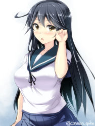 Rule 34 | 10s, 1girl, ahoge, black hair, blue background, blush, breasts, brown eyes, female focus, gin&#039;ichi (akacia), gradient background, tucking hair, kantai collection, large breasts, long hair, looking at viewer, open mouth, pleated skirt, school uniform, serafuku, short sleeves, skirt, solo, twitter username, upper body, ushio (kancolle), very long hair, white background