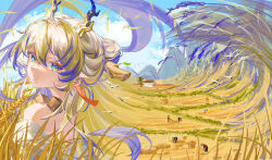 Rule 34 | 1girl, absurdres, arknights, bare shoulders, blonde hair, blue eyes, chinese commentary, commentary request, day, dragon girl, dragon horns, earrings, expressionless, farmer, field, grey hair, grey horns, hair between eyes, hair intakes, highres, horns, house, hundun hdun, jewelry, leaf, long hair, looking back, mixed-language commentary, multicolored hair, necklace, off shoulder, orange pupils, outdoors, paper texture, parted lips, partial commentary, people, plant, pointy ears, purple hair, purple horns, sheaf, shu (arknights), simple bird, solo, surreal, tree, turning head, wheat, wind, yellow horns