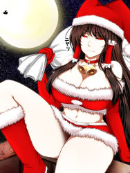 Rule 34 | 1girl, alternate costume, bag, bell, black sclera, boots, breasts, brown hair, cameo, choker, christmas, cleavage, colored sclera, curvy, elbow gloves, evil smile, flying, full moon, fur trim, gloves, hair tubes, hakurei reimu, hat, highres, huge breasts, kurofuku (sakuyapix), long hair, midriff, miniskirt, moon, night, night sky, no pupils, red eyes, red gloves, remilia scarlet, santa costume, santa hat, silhouette, skirt, sky, smile, solo focus, strapless, thick thighs, thighs, touhou, tube top, very long hair, wide hips