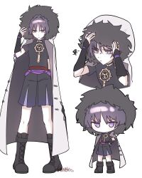 Rule 34 | 1boy, absurdres, black footwear, boots, chibi, closed mouth, coat, fur-trimmed coat, fur trim, genshin impact, hair between eyes, hands on own head, highres, hood, hood up, hooded coat, japanese clothes, looking at viewer, multiple views, no mouth, nunsul163, purple eyes, purple hair, scaramouche (genshin impact), signature, simple background, squiggle, standing, white background, white coat