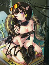Rule 34 | 1girl, arknights, bandeau, bare arms, bare legs, bare shoulders, barefoot, black gloves, black hair, black scarf, breasts, circular saw, cleavage, commentary, english commentary, eunectes (arknights), gloves, goggles, goggles on head, highres, holding, holding wrench, looking at viewer, medium breasts, midriff, pointy ears, purple eyes, redn art, saw, scarf, seiza, short hair, sitting, skindentation, snake tail, solo, stomach, strapless, tail, thigh strap, thighs, torn clothes, tube top, wrench