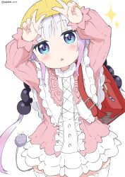 Rule 34 | 1girl, absurdres, arms up, artist name, backpack, bag, beads, blue eyes, blush, capelet, center frills, commentary request, cowboy shot, double v, dragon girl, dragon tail, dress, frills, fur-trimmed capelet, fur trim, hair beads, hair ornament, hat, highres, kanna kamui, kobayashi-san chi no maidragon, long hair, long sleeves, looking at viewer, low twintails, parted lips, pink dress, puffy long sleeves, puffy sleeves, purple hair, randoseru, red bag, school hat, short dress, simple background, slit pupils, solo, sparkle, tail, thighhighs, twintails, twitter username, v, white background, white gorilla (okamoto), white thighhighs, yellow hat