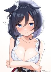 Rule 34 | 1girl, ?, absurdres, animal ears, artist name, bare arms, bare shoulders, black hair, blue eyes, blush, breasts, cleavage, closed mouth, collarbone, eishin flash (umamusume), highres, hirota fruit, horse ears, horse girl, large breasts, looking at viewer, short hair, solo, twitter username, umamusume, upper body
