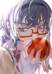 Rule 34 | 1girl, absurdres, akemi homura, apple, atewuwanfan, black hairband, bow, bowtie, chinese commentary, close-up, commentary request, covered mouth, food, fruit, glasses, hairband, hands up, highres, holding, holding food, holding fruit, long hair, long sleeves, looking to the side, mahou shoujo madoka magica, mahou shoujo madoka magica (anime), mitakihara school uniform, portrait, purple eyes, purple hair, red-framed eyewear, red bow, red bowtie, school uniform, semi-rimless eyewear, sideways glance, simple background, solo, under-rim eyewear, white background