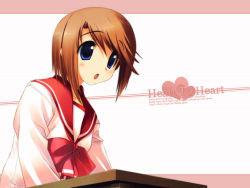 Rule 34 | 00s, 1girl, :o, blue eyes, blush, brown hair, copyright name, folded ponytail, komaki manaka, long sleeves, school uniform, simple background, solo, swept bangs, to heart (series), to heart 2, wallpaper