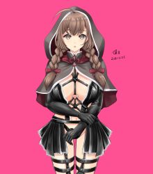 Rule 34 | 1girl, adapted costume, ahoge, artist name, black capelet, black gloves, braid, breasts, brown eyes, brown hair, capelet, cowboy shot, dated, elbow gloves, gloves, groin, hair ribbon, halloween costume, highres, hood, hooded capelet, kantai collection, large breasts, long hair, o-ring, open mouth, pink background, red ribbon, ribbon, shinshuu maru (kancolle), signature, simple background, solo, tk8d32, twin braids