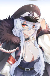 1girl absurdres alternate_breast_size breasts cleavage coat fur-trimmed_coat fur_trim girls&#039;_frontline hat highres holding holding_hat holding_unworn_clothes jacket jacket_on_shoulders kar98k_(girls&#039;_frontline) kongbai_huanxiang large_breasts light_smile military_hat military_uniform orange_eyes solo white_hair