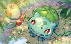 Rule 34 | berry (pokemon), blurry, bright pupils, bulbasaur, claws, commentary request, creatures (company), game freak, gen 1 pokemon, leaf, light rays, looking up, nintendo, no humans, open mouth, plant, pokemon, pokemon (creature), poshii (posy), puddle, red eyes, ripples, smile, solo, vines, water, water drop, white pupils