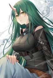 Rule 34 | 1girl, absurdres, arknights, bad id, bad pixiv id, bare shoulders, belt, blue pants, blush, breasts, buckle, clothing cutout, denim, green eyes, green hair, hand on own knee, highres, horns, hoshiguma (arknights), hoshiguma (ronin huntress) (arknights), ion (on01e), jeans, jewelry, large breasts, long hair, long sleeves, looking at viewer, magatama, magatama necklace, necklace, official alternate costume, pants, parted lips, shoulder cutout, simple background, single horn, sitting, skin-covered horns, smile, smoke, solo, underbust, very long hair, white background
