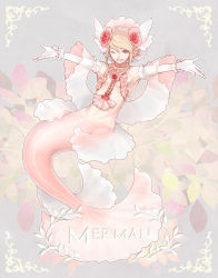 Rule 34 | 1boy, androgynous, awii, bare shoulders, blonde hair, elbow gloves, flower, full body, gloves, looking at viewer, male focus, merman, monster boy, one eye closed, original, pink eyes, simple background, smile, solo, trap, white gloves