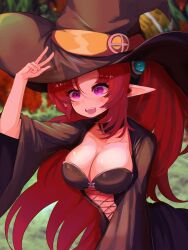 Rule 34 | 1girl, arm up, black dress, breasts, cleavage, dress, dungeon and fighter, hat, highres, hwaryeok, jewelry, large breasts, long hair, long pointy ears, long sleeves, open mouth, pointy ears, purple eyes, red hair, sidelocks, solo, transcendent nornil, very long hair, wide sleeves, witch, witch hat