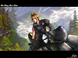 Rule 34 | 00s, 1990s (style), 1boy, bad deviantart id, bad id, cloud strife, copyright name, fenrir, fenrir (vehicle), final fantasy, final fantasy vii, final fantasy vii advent children, greg garza, letterboxed, male focus, motor vehicle, motorcycle, nature, retro artstyle, solo, vehicle