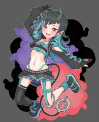 Rule 34 | 1girl, nanashi inc., absurdres, asymmetrical gloves, belt, belt bra, black footwear, black gloves, black hair, black jacket, black skirt, black thighhighs, blue belt, blue hair, blue panties, blue socks, blush, chest belt, clothing cutout, commentary request, cropped jacket, cross-laced clothes, cross-laced sleeves, demon girl, demon horns, demon tail, fangs, flat chest, full body, garter straps, gloves, grey skirt, highleg, highleg panties, highres, horns, jacket, jumping, k waremono, layered skirt, long hair, long sleeves, looking at viewer, midriff, miniskirt, multicolored hair, navel, open clothes, open jacket, open mouth, panties, partially fingerless gloves, pointy ears, red eyes, shishio chris, shoes, shoulder cutout, single thighhigh, skirt, smile, sneakers, socks, solo, sugar lyric, tail, thighhighs, two-tone hair, underwear, virtual youtuber, zipper, zipper skirt