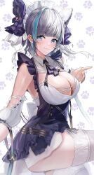 Rule 34 | 1girl, absurdres, animal ears, apron, aqua eyes, azur lane, breasts, cheshire (azur lane), cleavage, detached sleeves, fake animal ears, frilled hairband, frilled ribbon, frills, from side, hairband, hand up, highres, knee up, lace, lace-trimmed thighhighs, large breasts, long ribbon, looking at viewer, maid headdress, multicolored hair, pannko6216, paw print, paw print background, puffy detached sleeves, puffy sleeves, purple apron, purple hair, ribbon, short hair, streaked hair, thighhighs, white thighhighs