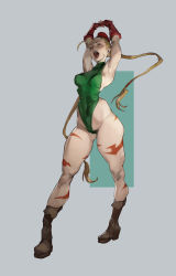 Rule 34 | 1girl, absurdres, ahoge, armpits, arms up, bare legs, beret, blonde hair, bodypaint, boots, braid, breasts, cammy white, camouflage, closed mouth, combat boots, commentary, curvy, english commentary, facial scar, fingerless gloves, full body, garrison cap, gloves, green leotard, hat, highleg, highleg leotard, highres, huge ahoge, interlocked fingers, leotard, lips, long hair, medium breasts, no bra, open mouth, outside border, red gloves, red hat, ribbed leotard, scar, scar on cheek, scar on face, shiny skin, sideboob, simple background, skin tight, solo, standing, street fighter, street fighter ii (series), stretching, thick thighs, thighs, thong leotard, twin braids, tyler law, very long hair, yawning