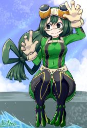 Rule 34 | 1girl, arm up, artist name, asui tsuyu, belt, black eyes, black footwear, blue sky, bodysuit, boku no hero academia, boots, breasts, closed mouth, cloud, covered navel, day, eyewear on head, facepaint, female focus, full body, gloves, goggles, green bodysuit, green hair, hand up, highres, jpeg artifacts, knees up, long hair, looking to the side, low-tied long hair, medium breasts, outdoors, ryuusui arumo, shiny clothes, signature, sitting, sky, solo, sunlight, thigh boots, thighhighs, water, white gloves