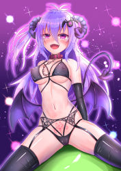 Rule 34 | 1girl, :d, arm warmers, bare shoulders, bikini, black bra, black panties, black thighhighs, bra, breasts, cameltoe, cocoasabure, copyright request, covered erect nipples, demon girl, demon horns, demon tail, demon wings, fangs, garter belt, hair ornament, highres, horns, large breasts, lingerie, long hair, looking at viewer, multi-strapped bikini, multi-strapped panties, one side up, open mouth, panties, pink eyes, pubic tattoo, purple hair, slit pupils, smile, solo, string bra, string panties, swimsuit, tail, tail raised, tattoo, thighhighs, thighs, underwear, virtual youtuber, wings