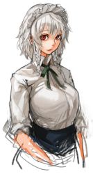 Rule 34 | 1girl, adapted costume, alternate costume, bow, braid, colorized, izayoi sakuya, long sleeves, looking at viewer, maid headdress, parted lips, portrait, red eyes, sachito, shirt, short hair, silver hair, simple background, sketch, solo, touhou, twin braids, white background