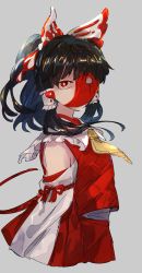 Rule 34 | 1girl, ascot, bare shoulders, black hair, bow, bright pupils, chamaruk, collar, commentary request, covered mouth, cropped legs, detached sleeves, dress, frilled bow, frilled hair tubes, frilled shirt collar, frills, grey background, hair bow, hair tubes, hakurei reimu, half mask, highres, japanese clothes, looking at viewer, looking to the side, mask, medium hair, miko, nontraditional miko, orb, ponytail, red bow, red dress, red eyes, red shirt, red skirt, ribbon-trimmed sleeves, ribbon trim, shirt, sidelocks, simple background, skirt, skirt set, sleeveless, sleeveless dress, solo, touhou, upper body, white collar, white pupils, wide sleeves, yellow ascot, yin yang, yin yang orb