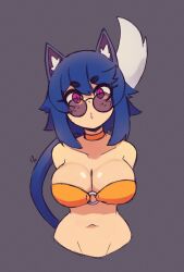 1girl :o absurdres animal_ear_fluff animal_ears arms_behind_back bikini blue_hair cat_ears cat_girl cat_tail collar collarbone doce female_focus freckles head_tilt highres looking_at_viewer navel o-ring o-ring_bikini original parted_lips pink_eyes short_hair solo sunglasses swimsuit tail xiao_(docecaedrus) yellow_bikini