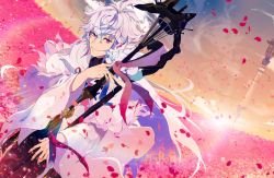 Rule 34 | 1boy, ahoge, bishounen, dutch angle, falling petals, fate/grand order, fate (series), feet out of frame, hair between eyes, highres, holding, holding staff, long hair, long sleeves, looking at viewer, mage staff, male focus, merlin (fate), petals, purple eyes, ren (rendrrr), smile, smug, solo, staff, tower, very long hair, white hair