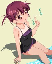 Rule 34 | 1girl, arm support, beach, black one-piece swimsuit, blush, brown eyes, brown hair, frilled swimsuit, frills, from above, looking at viewer, nonohachi, one-piece swimsuit, one-piece tan, open mouth, pointing, pointing up, red eyes, saki (manga), short hair, sitting, solo, swimsuit, tan, tanline, twintails, usuzumi hatsumi