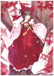 Rule 34 | 1girl, adapted costume, alternate costume, ascot, blush, brown hair, detached sleeves, dress, floral print, full body, hair ornament, hair ribbon, hair tubes, hakurei reimu, highres, in tree, japanese clothes, leaf, long skirt, long sleeves, looking at viewer, maple leaf, miko, non-web source, obi, ponytail, red dress, ribbon, sash, scan, scan artifacts, sitting, sitting in tree, skirt, smile, solo, text focus, torii, touhou, tree, ueda ryou, wide sleeves