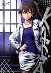 Rule 34 | 1girl, alternate costume, blouse, breast pocket, breasts, brown eyes, brown hair, character name, closed mouth, collarbone, earrings, expressionless, fingernails, hair between eyes, hand on own hip, indoors, jacket, jewelry, kaga (kancolle), kantai collection, long hair, long sleeves, looking at viewer, medium breasts, nail polish, necklace, pantyhose, pearl necklace, pencil skirt, pocket, purple nails, purple shirt, sakiyamama, shirt, side ponytail, skirt, solo, twitter username, white jacket, white skirt