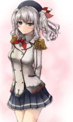 Rule 34 | 10011018, 1girl, absurdres, arms behind back, beret, blush, breasts, epaulettes, hair between eyes, hair ornament, hat, highres, kantai collection, kashima (kancolle), long sleeves, looking at viewer, medium breasts, military, military uniform, miniskirt, purple eyes, red neckwear, silver hair, simple background, skirt, smile, solo, standing, two side up, uniform, wavy hair, white background