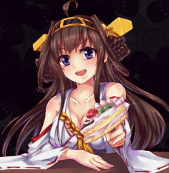 Rule 34 | 10s, 1girl, ahoge, blue eyes, braid, breasts, brown hair, cake, cleavage, dedeyong, detached sleeves, feeding, food, fruit, hairband, highres, incoming food, japanese clothes, kantai collection, kongou (kancolle), large breasts, long hair, looking at viewer, open mouth, personification, solo, strawberry, wide sleeves