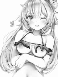 Rule 34 | 1girl, akai haato, bad id, bad pixiv id, blush, breast curtain lift, breast curtains, breasts, dot nose, greyscale, hair bun, heart, highres, hololive, long hair, looking at viewer, medium breasts, monochrome, nanashi (nlo), navel, nipples, one eye closed, simple background, single hair bun, smile, solo, upper body, virtual youtuber, white background