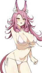 Rule 34 | 1girl, absurdres, alternate costume, animal ear fluff, arm under breasts, bikini, breasts, cat tail, cleavage, duel monster, highres, large breasts, long hair, lynx ears, open mouth, pink hair, side-tie bikini bottom, solo, stomach, swimsuit, synchroman, tail, tri-brigade ferrijit the barren blossom, white bikini, yellow eyes, yu-gi-oh!
