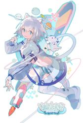 Rule 34 | 1girl, animal ears, blue eyes, blue footwear, blue shorts, cat ears, cat tail, closed mouth, clothing cutout, dress, english text, fingerless gloves, full body, gloves, highres, holding, holding wand, layered sleeves, light smile, lobelia (saclia), long sleeves, looking at viewer, maimai (game), medium hair, milk (maimai), mixed-language text, pantyhose, planet, planetary ring, rocket, see-through, see-through dress, see-through sleeves, shoes, short dress, shorts, simple background, solo, star (symbol), stomach, tail, thigh cutout, v-shaped eyebrows, wand, white background, white dress, white gloves, white hair, white pantyhose, white sleeves