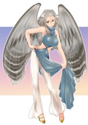 Rule 34 | 1girl, breasts, brown eyes, clothes lift, covered navel, feathered wings, full body, glasses, grey hair, grey wings, halftone, large breasts, outside border, pelvic curtain, pelvic curtain lift, pixiv fantasia, pixiv fantasia age of starlight, shaoura owlill, simple background, sleeveless, solo, standing, turtleneck, wings, yagisaka seto