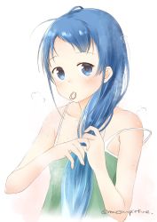 Rule 34 | 1girl, artist name, bare arms, bare shoulders, blue eyes, blue hair, camisole, collarbone, commentary request, green camisole, hair over shoulder, hair tie, hair tie in mouth, holding, holding own hair, kantai collection, long hair, looking at viewer, mae (maesanpicture), mouth hold, one-hour drawing challenge, samidare (kancolle), simple background, solo, steam, strap slip, sweat, swept bangs, upper body, very long hair, white background