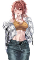 Rule 34 | 1girl, bad id, bad pixiv id, baggy pants, black pantyhose, blush, breasts, crop top, denim, highres, jacket, jacket partially removed, jeans, looking at viewer, medium breasts, navel, open mouth, original, panties, panties under pantyhose, pants, pantyhose, pantyhose under trousers, ponpon nun, red eyes, red hair, smile, solo, tank top, thigh gap, underwear