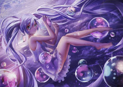 Rule 34 | 1girl, abstract background, alternate hair color, bare legs, barefoot, blue eyes, blue hair, breasts, bubble, crop top, crop top overhang, floating, floating hair, from side, full body, hair between eyes, hatsune miku, light smile, long hair, looking at viewer, matching hair/eyes, md5 mismatch, miniskirt, purple hair, purple skirt, purple theme, resolution mismatch, sideboob, skirt, small breasts, solo, source smaller, tank top, twintails, very long hair, vocaloid, zqzqy