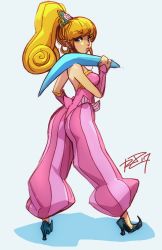 Rule 34 | 1girl, armor, bad id, bad twitter id, blonde hair, boomerang, from behind, full body, harem pants, high heels, highres, japanese armor, kote, leotard, long hair, over shoulder, pants, pointy ears, pointy footwear, ponytail, primm (seiken densetsu 2), robaato, seiken densetsu, seiken densetsu 2, shoes, signature, sketch, solo, striped clothes, striped pants, vertical-striped clothes, vertical-striped pants, weapon, weapon over shoulder