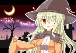 Rule 34 | 1girl, ;d, brown eyes, crescent moon, gaius (nikoniko2), green hair, halloween, hat, jack-o&#039;-lantern, long hair, looking at viewer, moon, one eye closed, open mouth, original, sleeves past wrists, smile, solo, witch hat